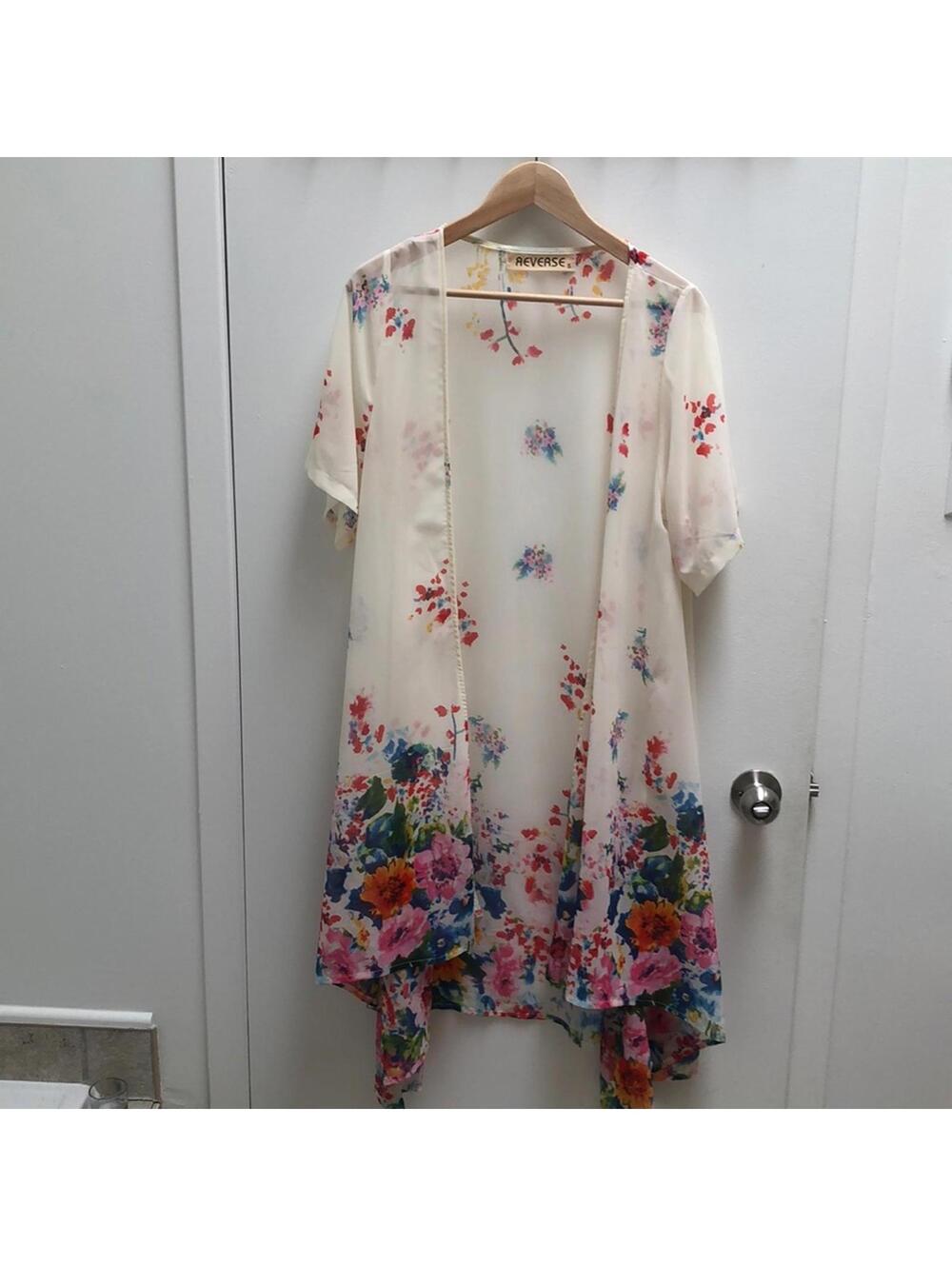 Reverse - semi-sheer robe - white with floral print - S